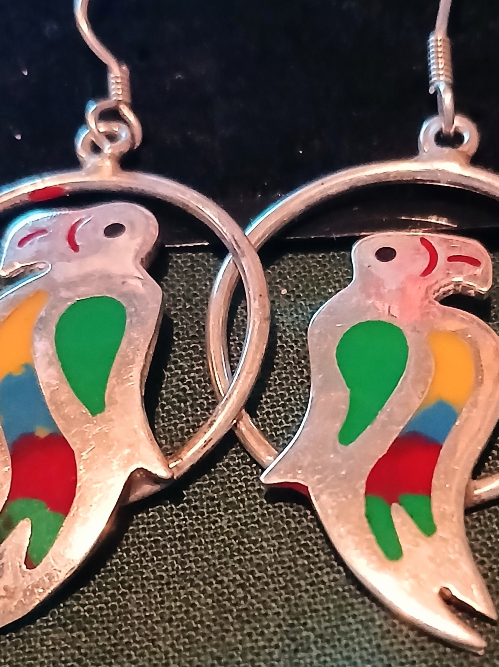 Silver Parrot Hoop Earrings with Multicolor Enamel - Green Accent 925 Taxco